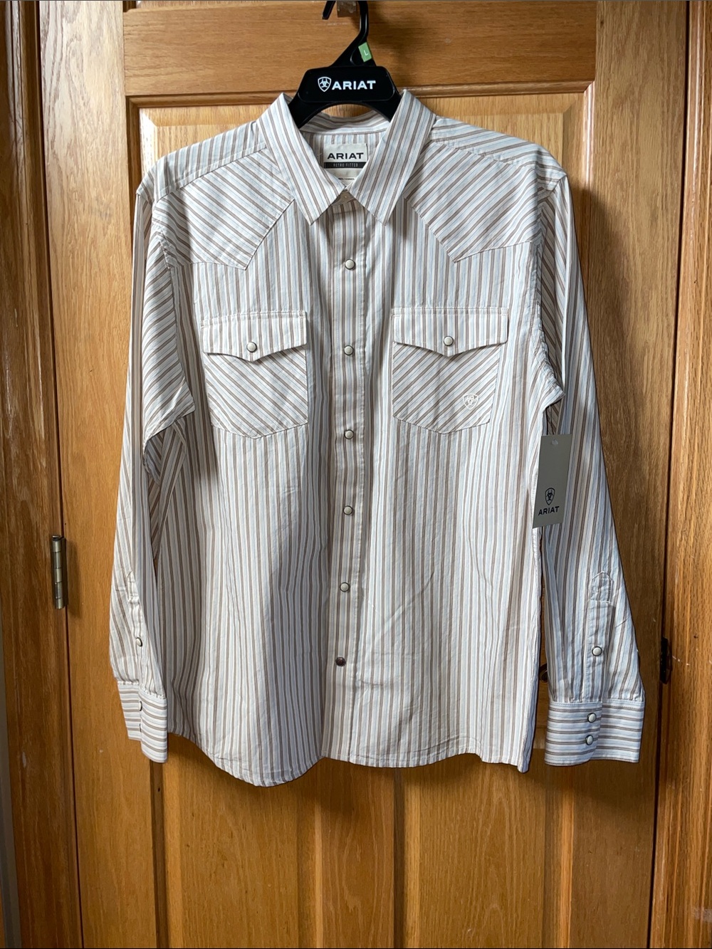 NWT Ariat Men's Off White Snap Button-Down Shirt with Tan Stripes - Large
